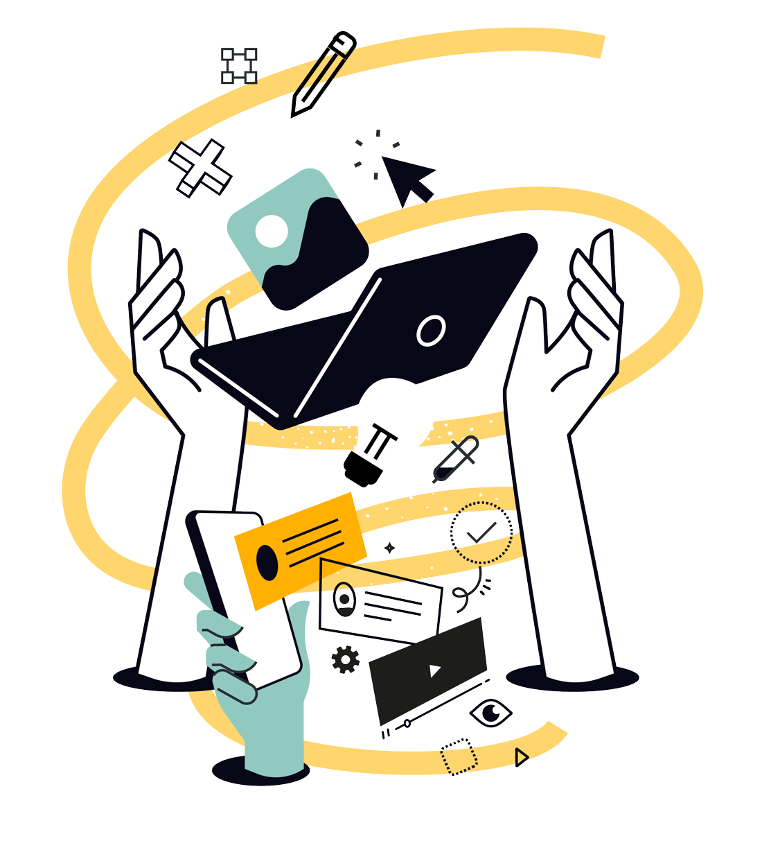 Hands building an AI marketing system — laptop, content and tools