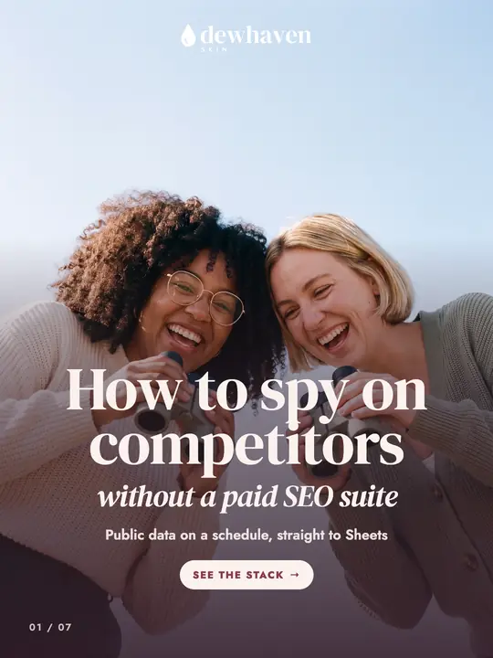 Campaign carousel for Dewhaven Skin (a made-up skincare brand), cover: "How to spy on competitors"