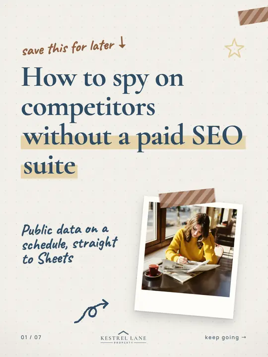Doodle carousel for Kestrel Lane (a made-up property brand), cover: "How to spy on competitors"