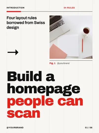 Clean style cover slide: swiss grid, big type and one red accent