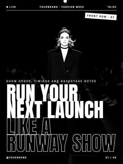 Fashion Week style cover slide: a runway show with camera flashes