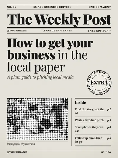 Broadsheet style cover slide: a black and white newspaper front page