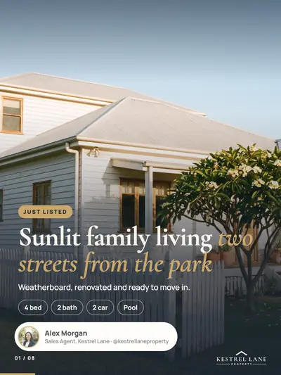 Real Estate style cover slide: listing photos with an agent profile