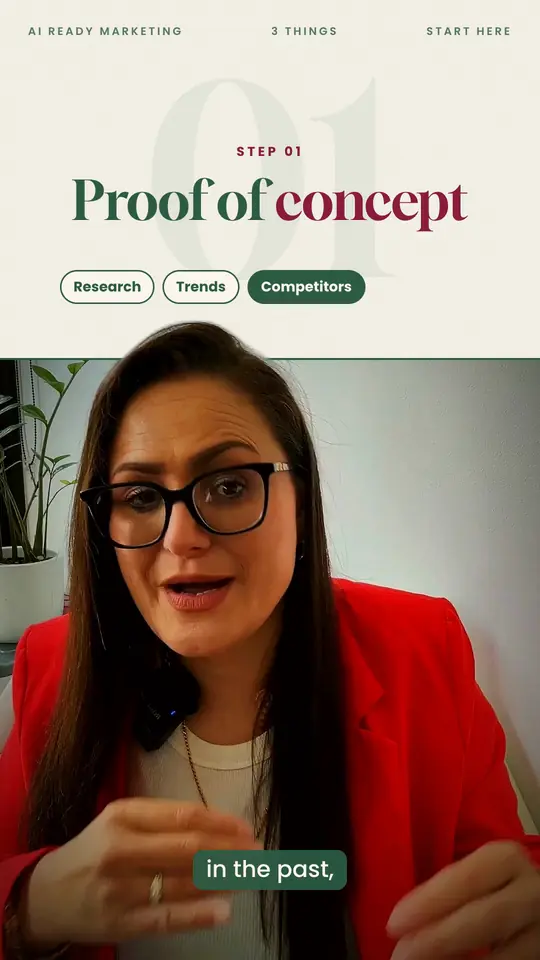 Clean Editorial look: the serif title "Proof of concept" on a cream page, with Research, Trends and Competitors lighting up, above Dani talking