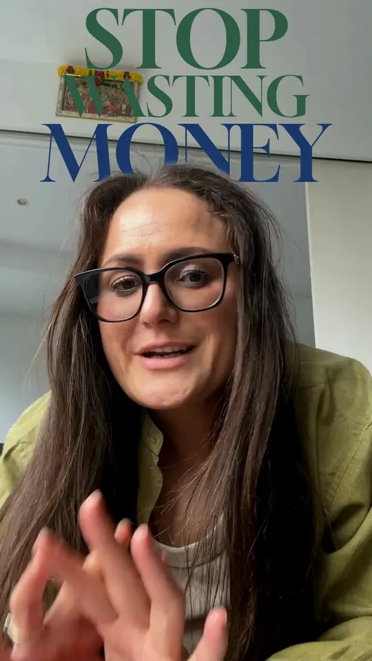 Studio Green look: Dani talking, with "Stop wasting money" set large in green and blue above her